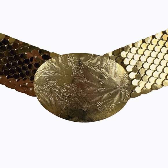 Vintage Metallic Gold Fish Scale Belt Lg-1X Slinky Stretch Oval Buckle 70s Disco - Picture 6 of 9